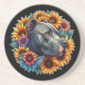 ピットブル犬のひまわり鮮やかに囲まれ コースター (正面)