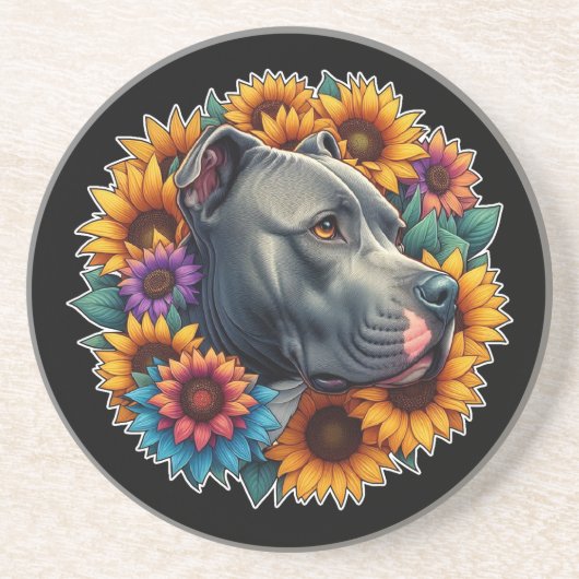 ピットブル犬のひまわり鮮やかに囲まれ コースター (正面)