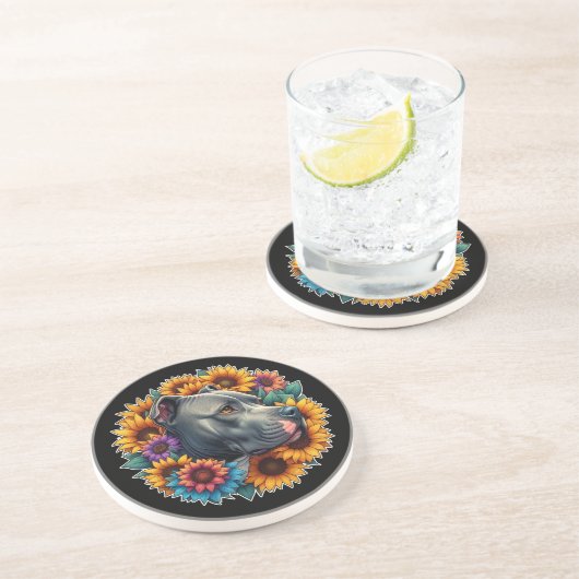 ピットブル犬のひまわり鮮やかに囲まれ コースター (側面)