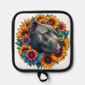 ピットブル犬のひまわり鮮やかに囲まれ 鍋敷き (正面)