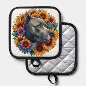 ピットブル犬のひまわり鮮やかに囲まれ 鍋敷き (正面/裏面)