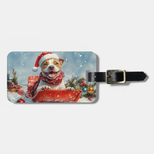 ピットブル犬のソリで雪のクリスマス ラゲッジタグ (正面横)