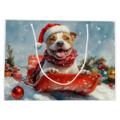 ピットブル犬のソリで雪のクリスマス ラージペーパーバッグ (裏面)