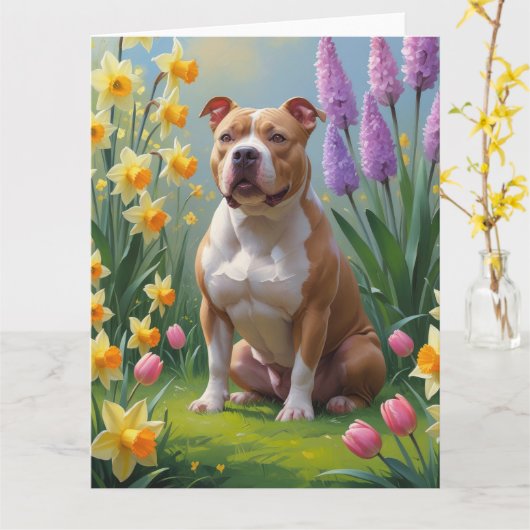 ピットブル犬 春の花 絵画 カード (黄色い花)