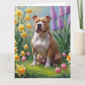 ピットブル犬 春の花 絵画 カード (正面)