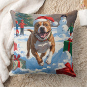 ピットブル走ドッグの雪とクリスマスハット クッション (ブランケット)