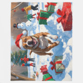 ピットブル走ドッグの雪とクリスマスハット フリースブランケット (正面)