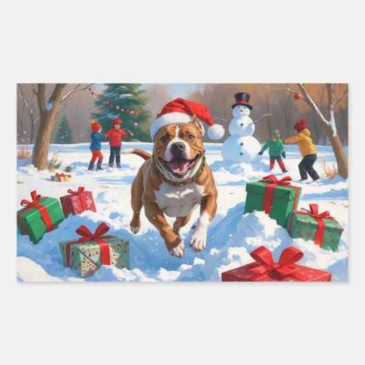 ピットブル走ドッグの雪とクリスマスハット 長方形シール (正面)
