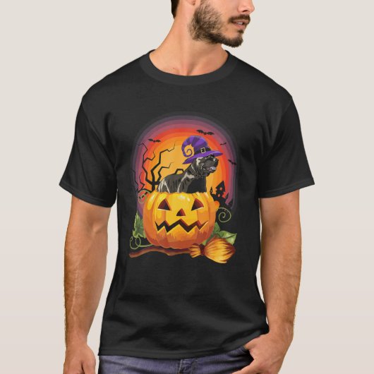 ピットブル魔女かぼちゃハロウィーン犬の恋人の衣装 Tシャツ (正面)