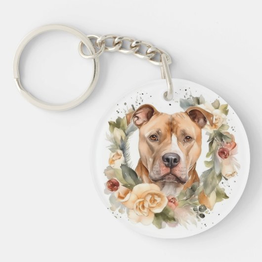 ピットブル クリスマスリース 陽気な犬 キーホルダー (正面)