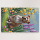 ピットブル・ドッグの春の花の絵画  ジグソーパズル (横)