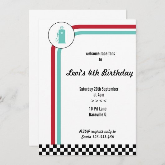 ピットレーンレースカー誕生日招待状 招待状 (正面/裏面)