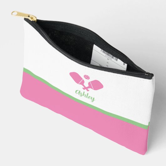 ピッパーソナライズされたクレボールギフト名門私立校風のピンクグリーン アクセサリーポーチ (見開き)