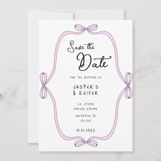 ピッモダンクはっきりしたボウ写真結婚式の日付を保存 招待状 (正面)