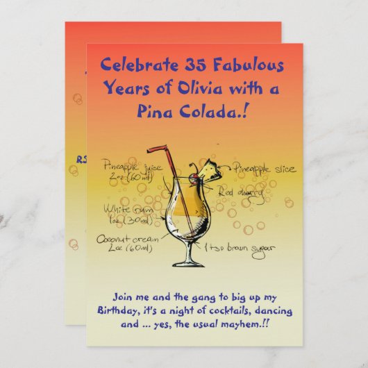 ピナコラダバースデーパーティーの招待 招待状 (正面/裏面)