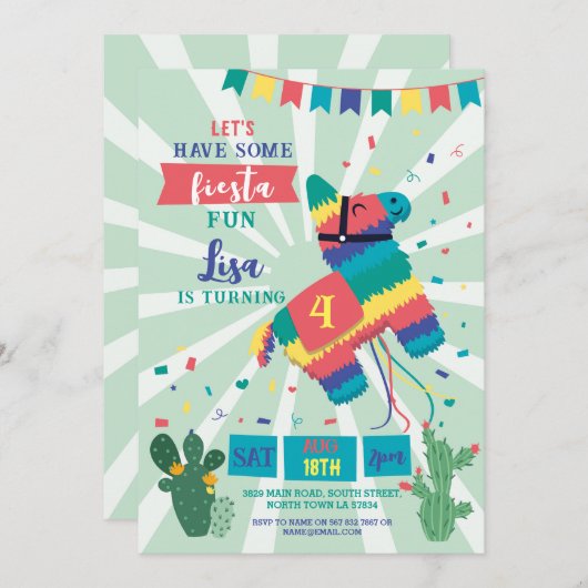 ピニャタバースデーパーティフィエスタガールボーイメキシコ 招待状 (正面/裏面)