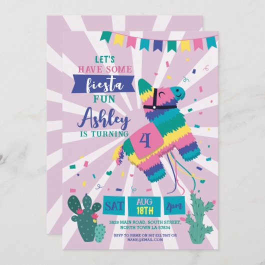 ピニャタバースデーパーティーピンクフィエスタガールズメキシコ 招待状 (正面/裏面)