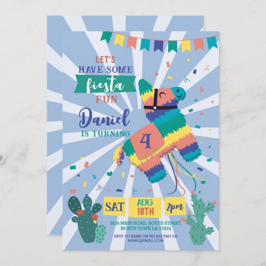 ピニャタバースデーパーティーブルーフィエスタキッズメキシコ 招待状 (正面/裏面)