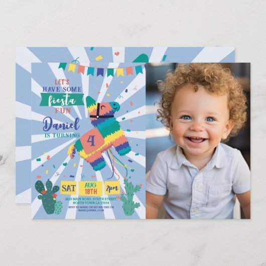 ピニャタ誕生日パーティブルーフィエスタメキシコ写真 招待状 (正面/裏面)
