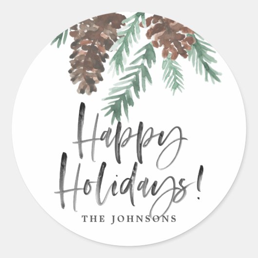 ピネコーンウォーターカラーハッピーホリデーズファミリー名 ラウンドシール (正面)