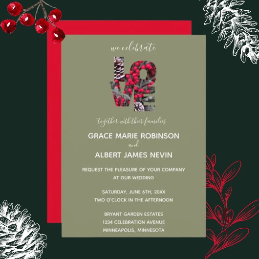ピネコーンエバーグリーンズレッドベリー結婚ラブ 招待状