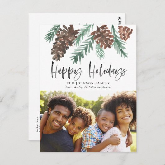 ピネコーンクリスマスウォーターカラーホリデーフォト ポストカード (正面/裏面)