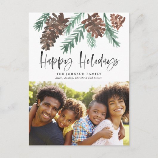 ピネコーンクリスマスウォーターカラーホリデーフォト ポストカード (正面)