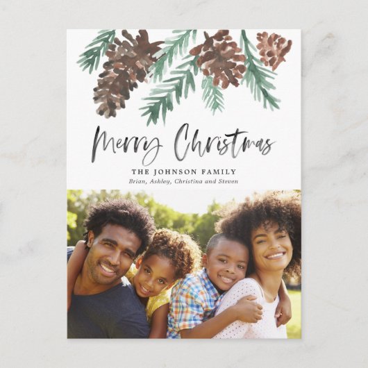 ピネコーンクリスマスウォーターカラーホリデーフォト ポストカード (正面)