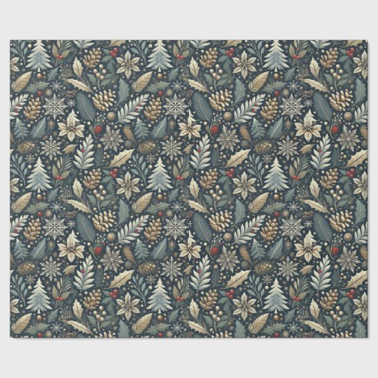 ピネコーン，ホリー，スノーフレーク&ベリーホリデー ラッピングペーパー (シーム)