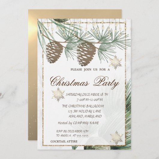 ピネコーン，雪の結晶金ゴールドクリスマスコーポレート 招待状 (正面/裏面)