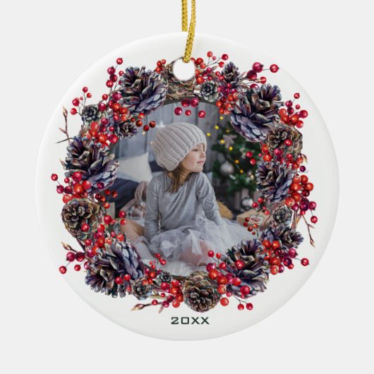 ピネコ素朴ンウッドランドリース写真と年 セラミックオーナメント (正面)