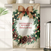 ピネコ素朴ンクリスマスリースパーソナライズされた キッチンタオル