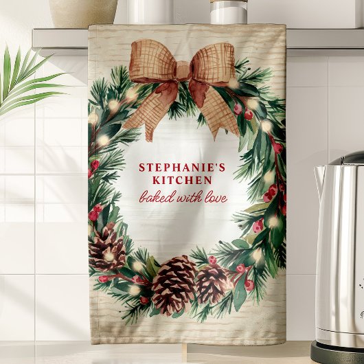 ピネコ素朴ンクリスマスリースパーソナライズされた キッチンタオル