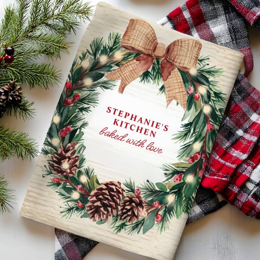 ピネコ素朴ンクリスマスリースパーソナライズされた キッチンタオル