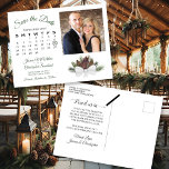 ピネコ素朴ン写真とカレンダー日付を保存 案内ポストカード<br><div class="desc">この素朴な結婚式のSave the Dateはがきエレガントは、森の緑と栗の茶色の色合いの松の枝の花束と水色のデザインを備えている。カードの側離れは、あなたの日付のハートを含むカスタマイズ可能なカレンダーを持っているだけでなく、あなたの名前のスペースと場所結婚と、招待を表示する短いメモフォーマルは、TTECHNAVIOを表示する。背中には宇宙カスタムがあり、可愛い「鉛筆入り」のグラフィックもある。このスタイリッシュボヨシックなカードは、あなたの家族や友人にあなたの来る事を知らせる素晴らしい結婚方法だ。</div>