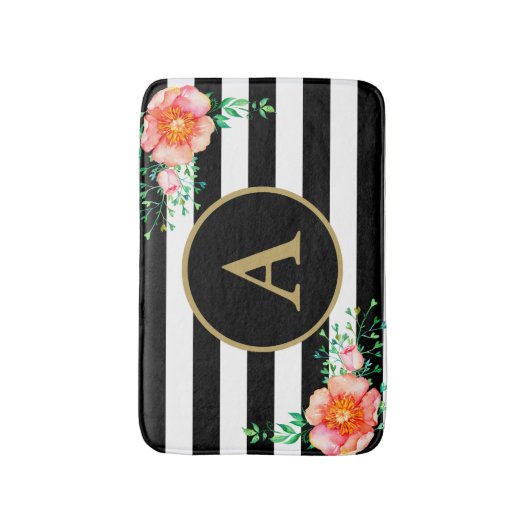 ピネルフローラはっきりした白黒ストライプ金ゴールドモノグラム バスマット (正面縦)
