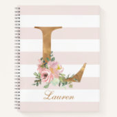 ピフェミニンックストライプフローラ金ゴールドパーソナライズされた ノートブック (正面)