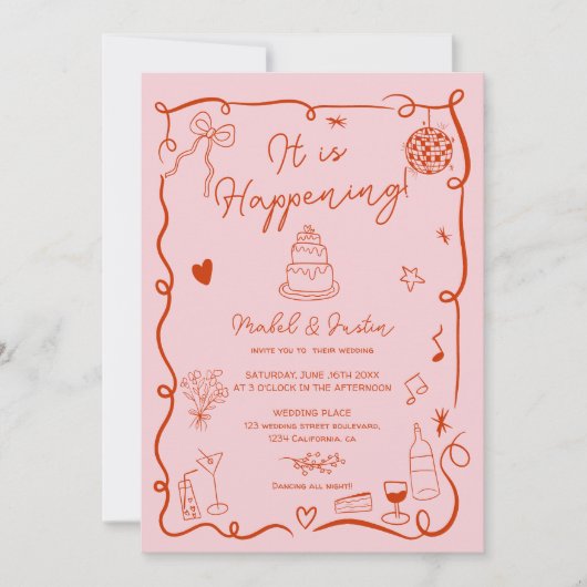 ピフランスのックの手図解入りの、写真付きの描き結婚写真 招待状 (正面)