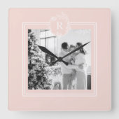 ピモダンンク&ホワイト |家族写真 |イニシャル スクエア壁時計 (正面)