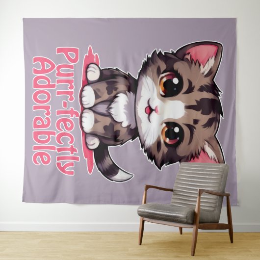 ピュアで愛らしいチビ(小さくかわいく書いた感じ)かわいいピンク色の子猫 タペストリー (インサイチュ(横))