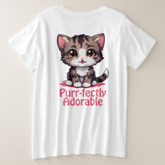 ピュアで愛らしいチビ（小さくかわいく書いた感じ）かわいいピンク色の子猫 プラスサイズTシャツ (デザイン裏面)