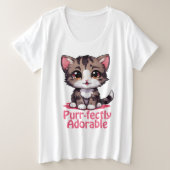 ピュアで愛らしいチビ(小さくかわいく書いた感じ)かわいいピンク色の子猫 プラスサイズTシャツ (デザイン正面)