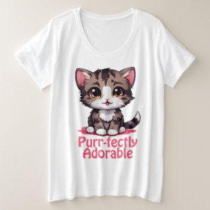 ピュアで愛らしいチビ（小さくかわいく書いた感じ）かわいいピンク色の子猫 プラスサイズTシャツ
