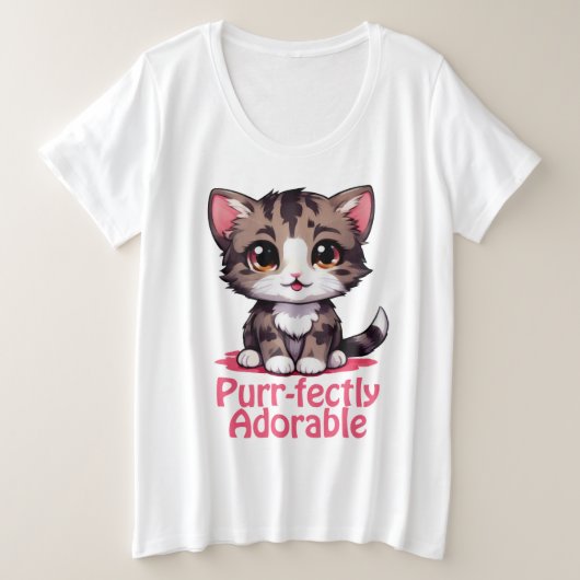 ピュアで愛らしいチビ(小さくかわいく書いた感じ)かわいいピンク色の子猫 プラスサイズTシャツ (デザイン正面)