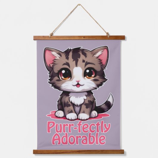 ピュアで愛らしいチビ(小さくかわいく書いた感じ)かわいいピンク色の子猫 吊り下げ型タペストリー (正面)