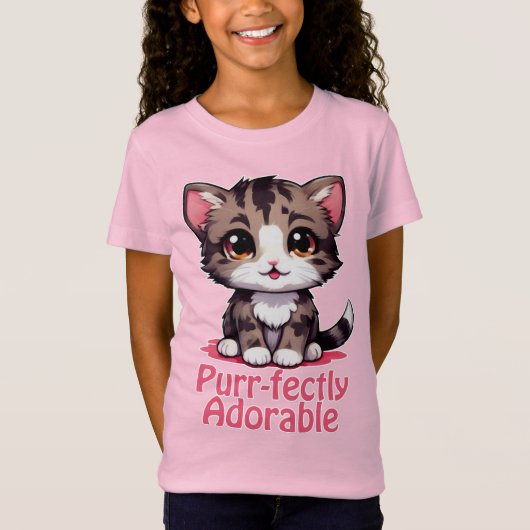ピュアで愛らしいチビ(小さくかわいく書いた感じ)かわいいピンク色の子猫 Tシャツ (正面)