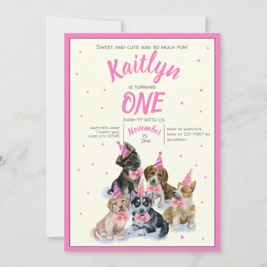 ピュアな子犬🐶テーマの女の子ピンク誕生日パーティー 招待状 (正面)