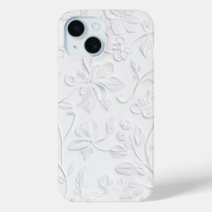 ピュアエレガンスホワイトエンボスフローラ電話ケース iPhone 15ケース