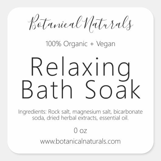 ピュアオーガニックビーガン手作りバスソークラベル スクエアシール (正面)