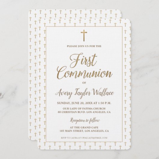 ピュアホワイト金ゴールドクロスモダンファーストコミュニオン 招待状 (正面/裏面)